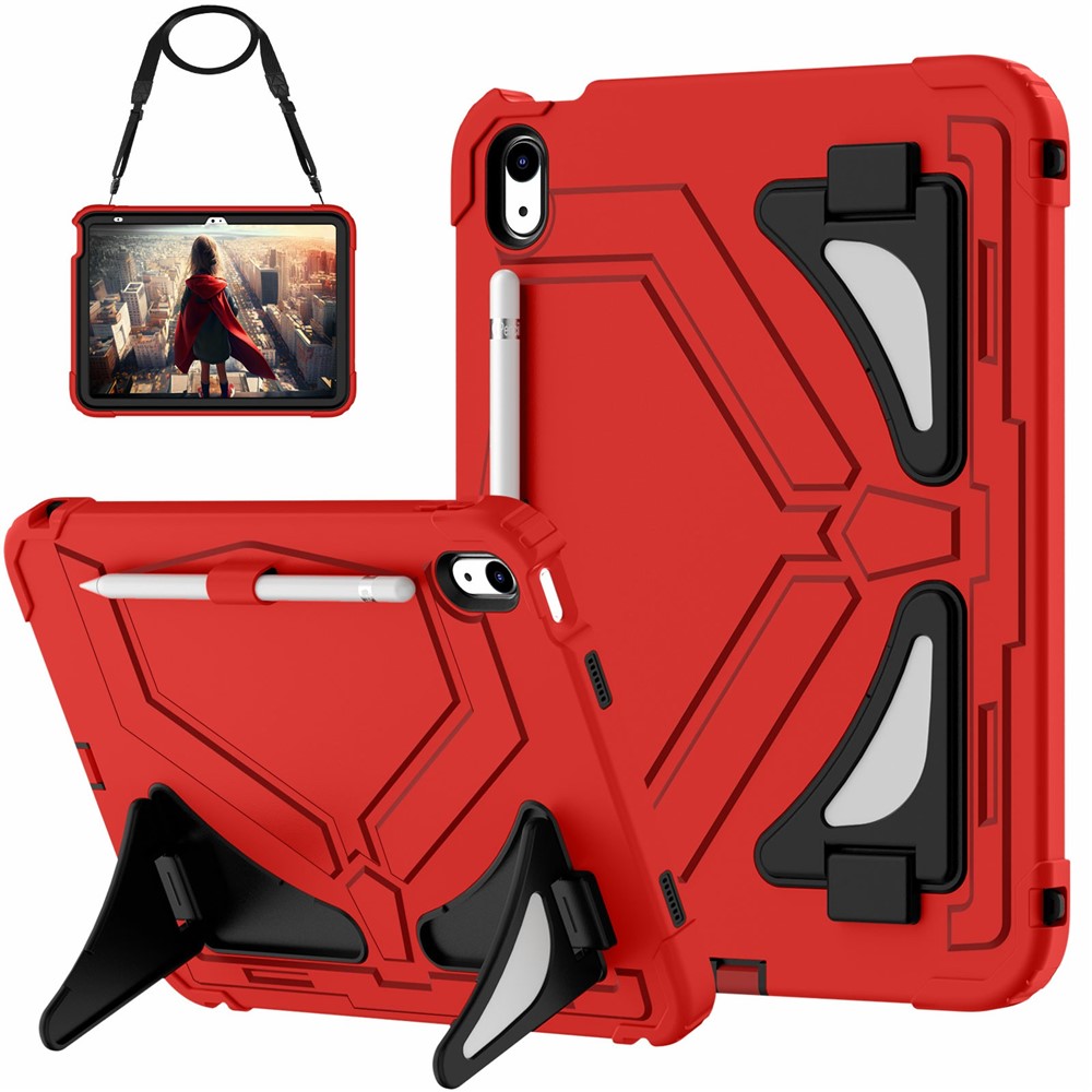 For iPad (2025) / 10.9 (2022) Kickstand Case Leopard Style Protective Tablet Cover with Shoulder Strap - Red / Black