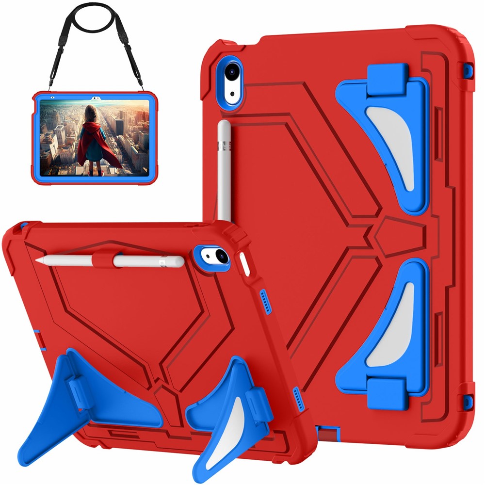 For iPad (2025) / 10.9 (2022) Kickstand Case Leopard Style Protective Tablet Cover with Shoulder Strap - Red / Blue