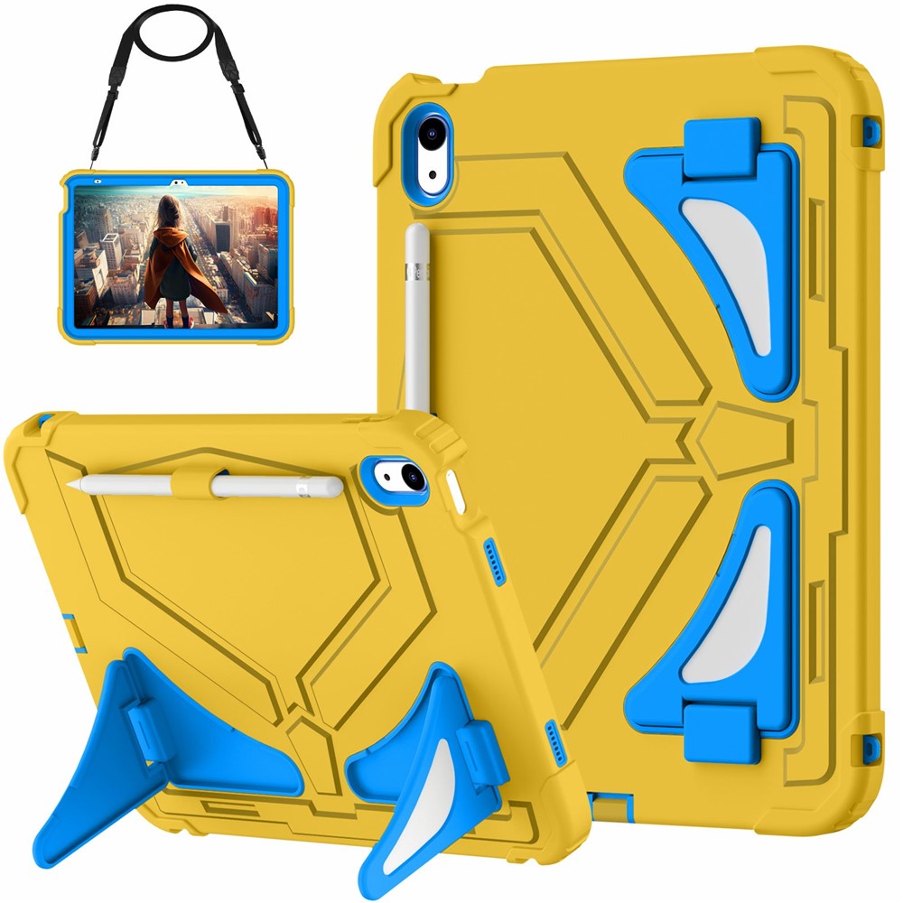 For iPad (2025) / 10.9 (2022) Kickstand Case Leopard Style Protective Tablet Cover with Shoulder Strap - Yellow / Blue