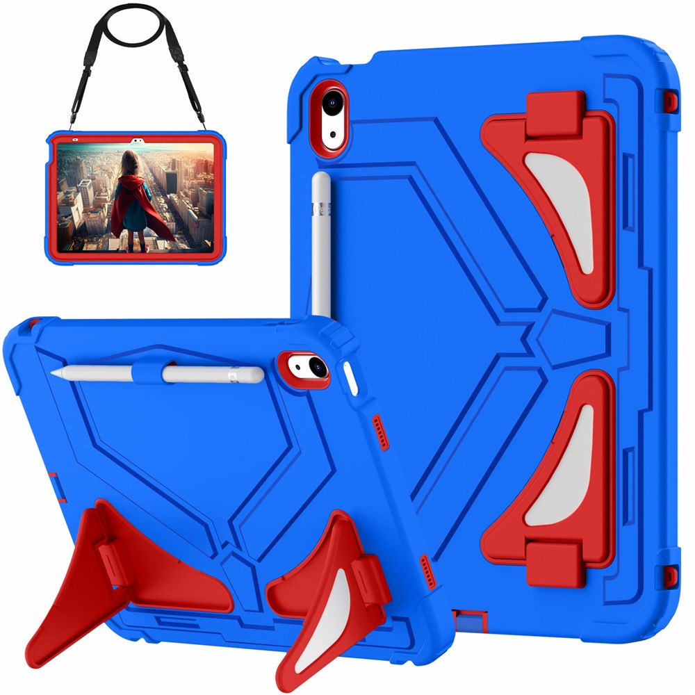 For iPad (2025) / 10.9 (2022) Kickstand Case Leopard Style Protective Tablet Cover with Shoulder Strap - Blue / Red