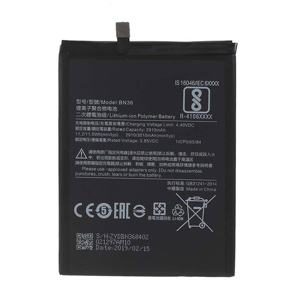 For Xiaomi Mi A2 / 6X 3.85V 2910mAh Li-ion Polymer Battery Replacement Part (Encode: BN36) (without Logo)-1