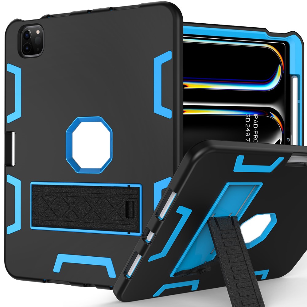 For iPad Pro 11 (2025) / 11 (2024) Case Silicone + PC Kickstand Tablet Cover with Pencil Holder - Black / Sky Blue