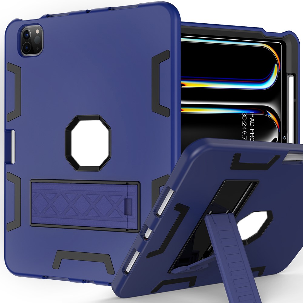 For iPad Pro 11 (2025) / 11 (2024) Case Silicone + PC Kickstand Tablet Cover with Pencil Holder - Navy Blue / Black