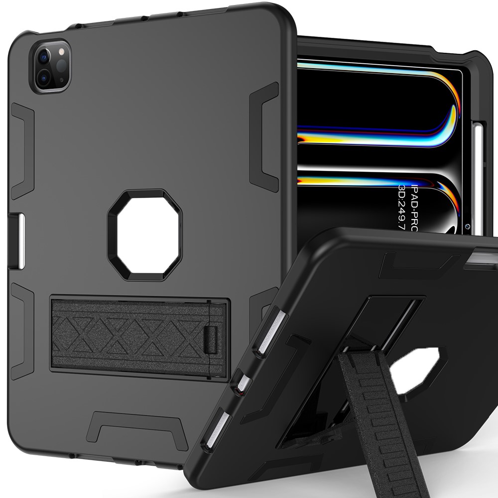 For iPad Pro 11 (2025) / 11 (2024) Case Silicone + PC Kickstand Tablet Cover with Pencil Holder - Black