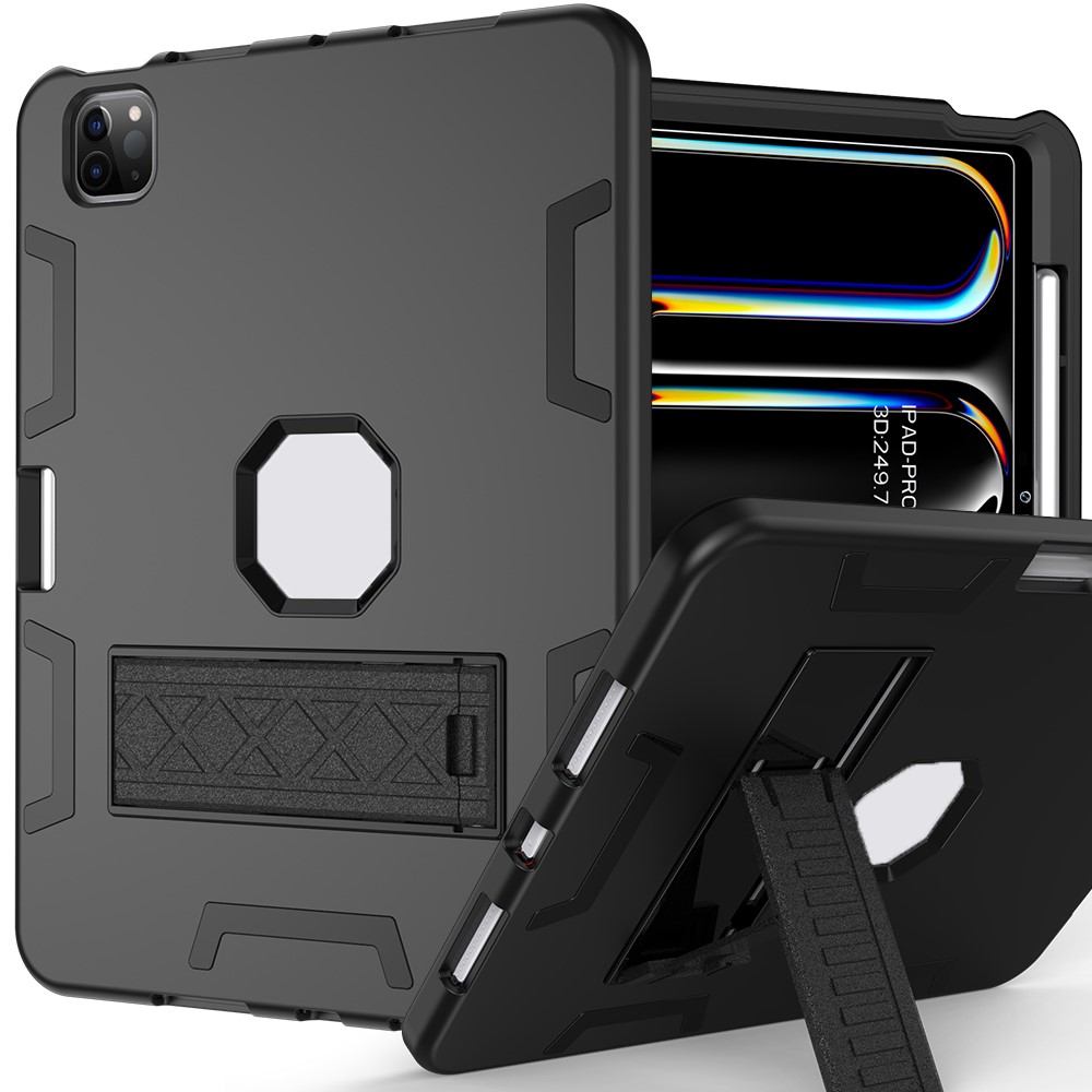For iPad Pro 13 (2025) / 13 (2024) Case Silicone + PC Kickstand Tablet Cover with Pencil Holder - Black