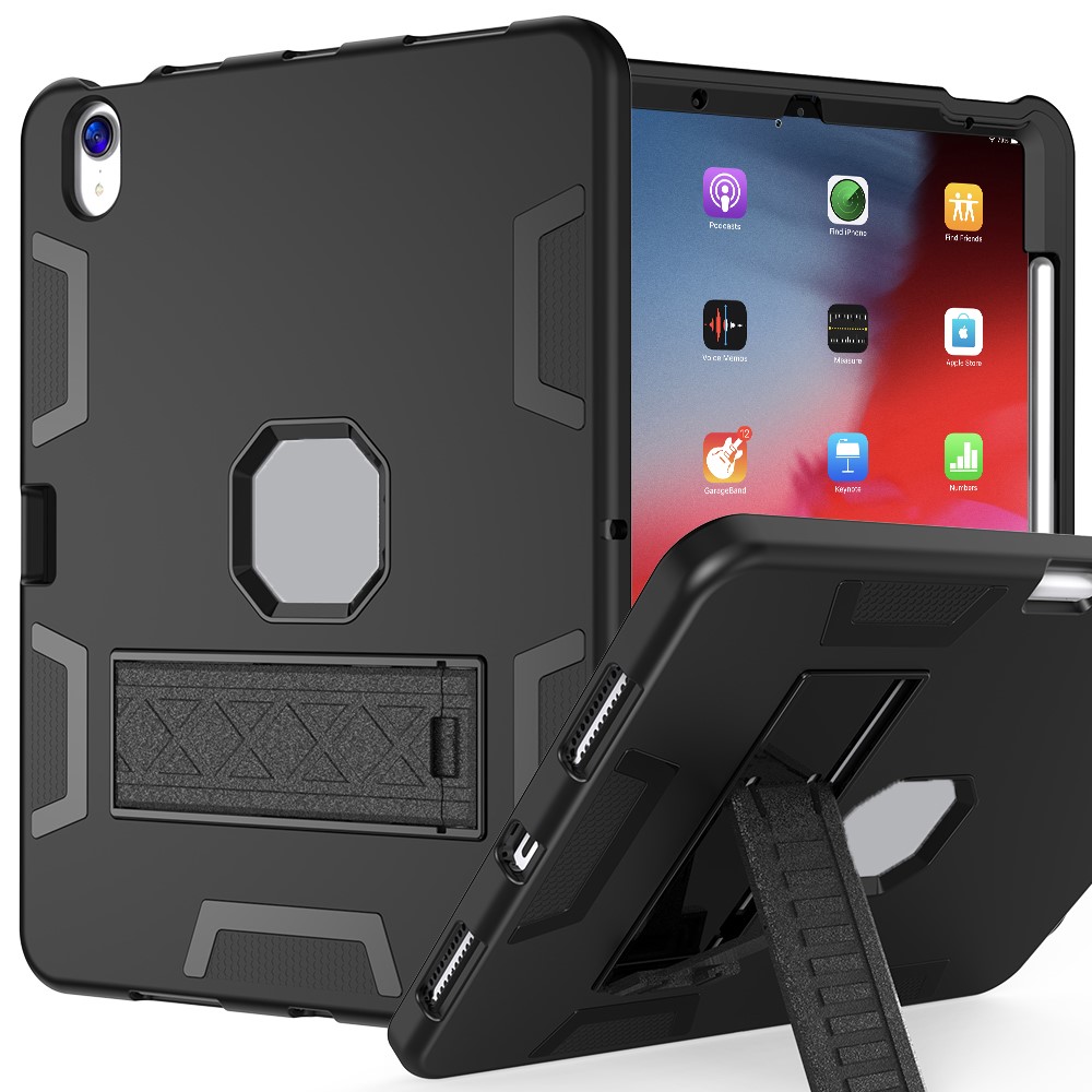 For iPad (2025) / iPad 10.9 (2022) Case Silicone + PC Kickstand Tablet Cover with Pencil Holder - Black