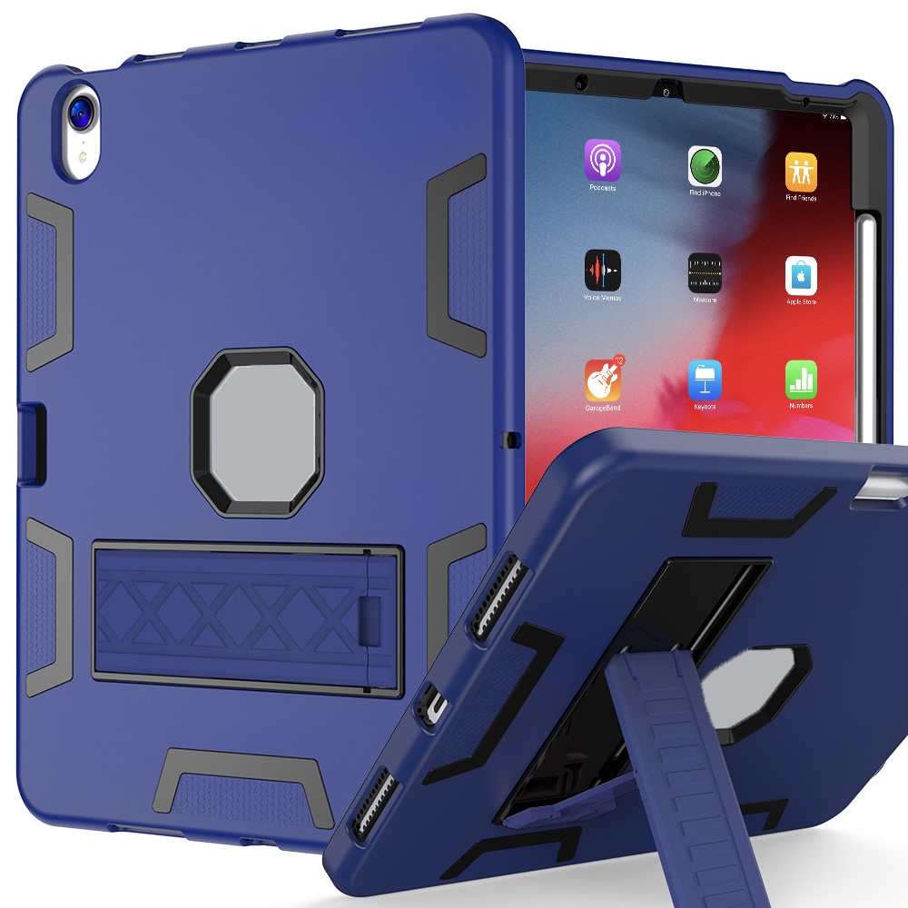 For iPad (2025) / iPad 10.9 (2022) Case Silicone + PC Kickstand Tablet Cover with Pencil Holder - Navy Blue / Black
