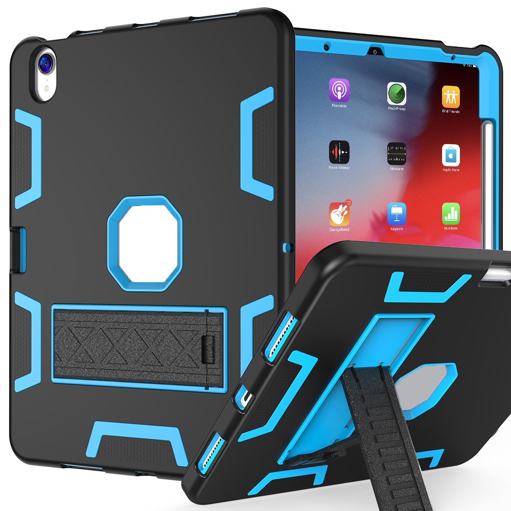 For iPad (2025) / iPad 10.9 (2022) Case Silicone + PC Kickstand Tablet Cover with Pencil Holder - Black / Sky Blue