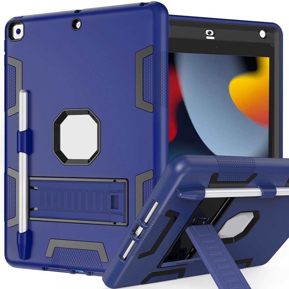 For iPad 10.2 (2021) / (2019) / (2020) Case Silicone + PC Kickstand Tablet Cover with Pencil Holder - Navy Blue / Black