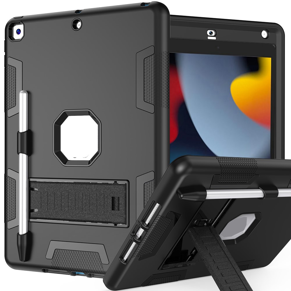 For iPad 10.2 (2021) / (2019) / (2020) Case Silicone + PC Kickstand Tablet Cover with Pencil Holder - Black