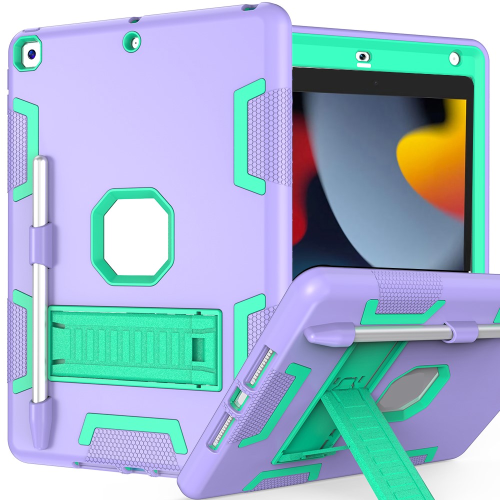 For iPad 10.2 (2021) / (2019) / (2020) Case Silicone + PC Kickstand Tablet Cover with Pencil Holder - Light Purple / Light Green