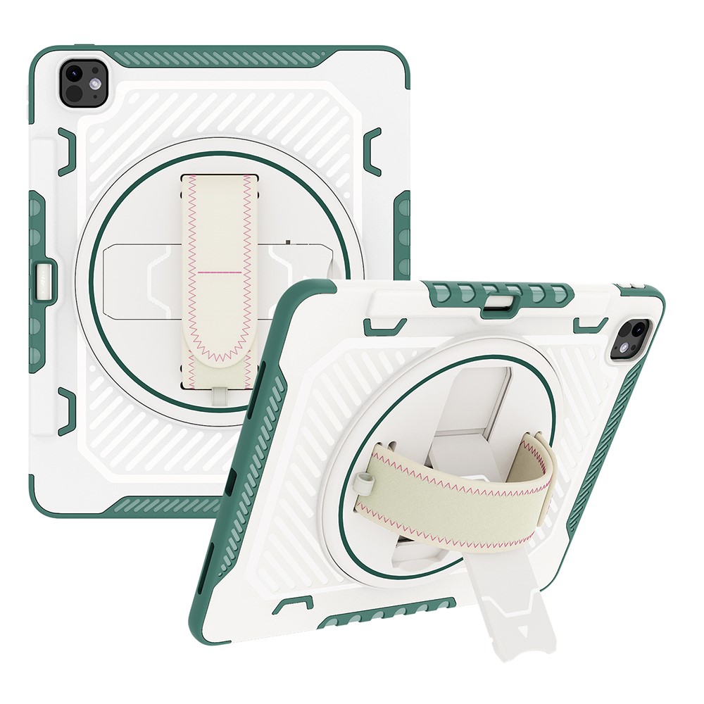 For iPad Pro 13 (2025) / 13 (2024) Case Kickstand PC + TPU Shockproof Tablet Cover with Hand Strap / Pen Slot - Green