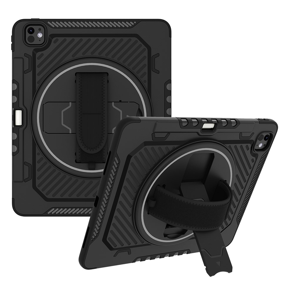 For iPad Pro 13 (2025) / 13 (2024) Case Kickstand PC + TPU Shockproof Tablet Cover with Hand Strap / Pen Slot - Black