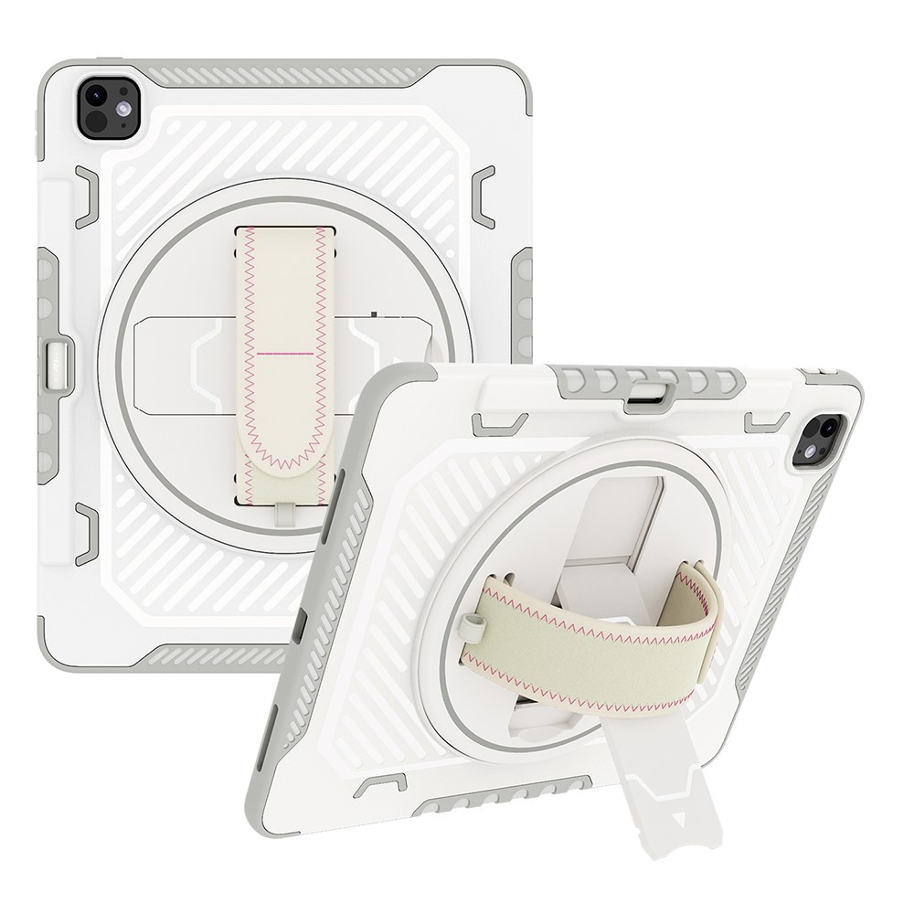 For iPad Pro 13 (2025) / 13 (2024) Case Kickstand PC + TPU Shockproof Tablet Cover with Hand Strap / Pen Slot - Grey