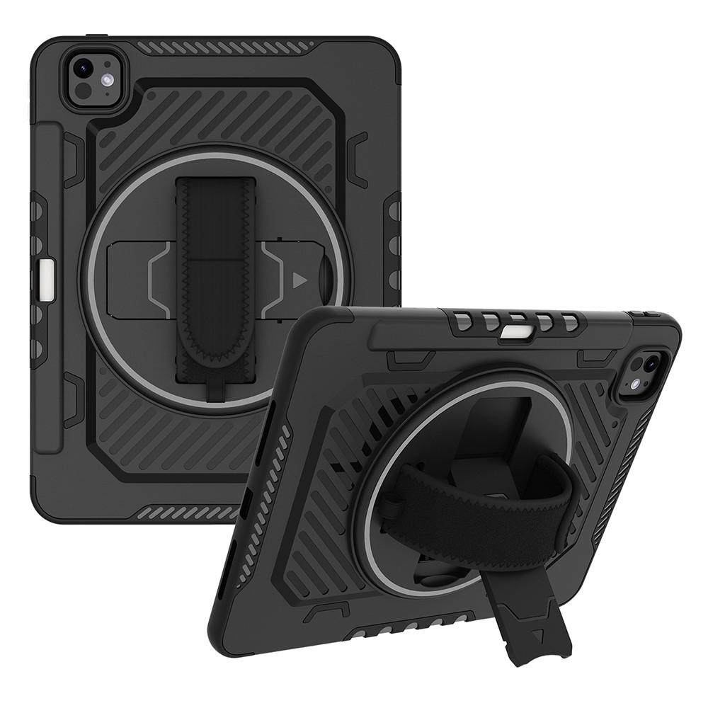 For iPad Pro 11 (2025) / 11 (2024) Case Kickstand PC + TPU Shockproof Tablet Cover with Hand Strap / Pen Slot - Black