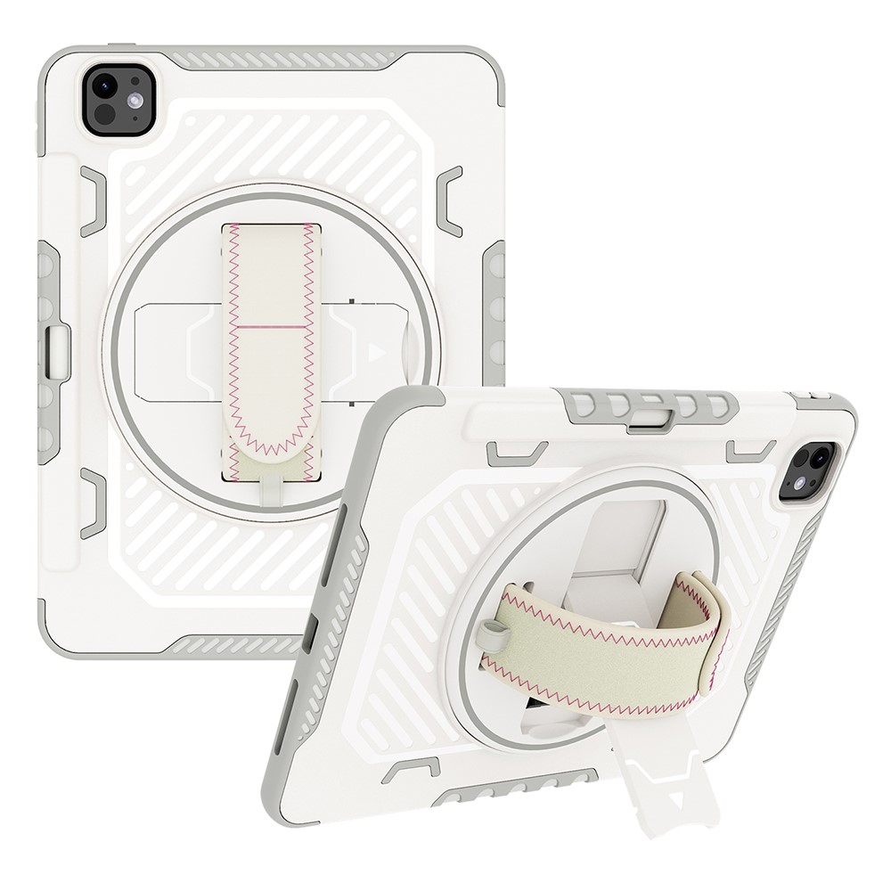 For iPad Pro 11 (2025) / 11 (2024) Case Kickstand PC + TPU Shockproof Tablet Cover with Hand Strap / Pen Slot - Grey