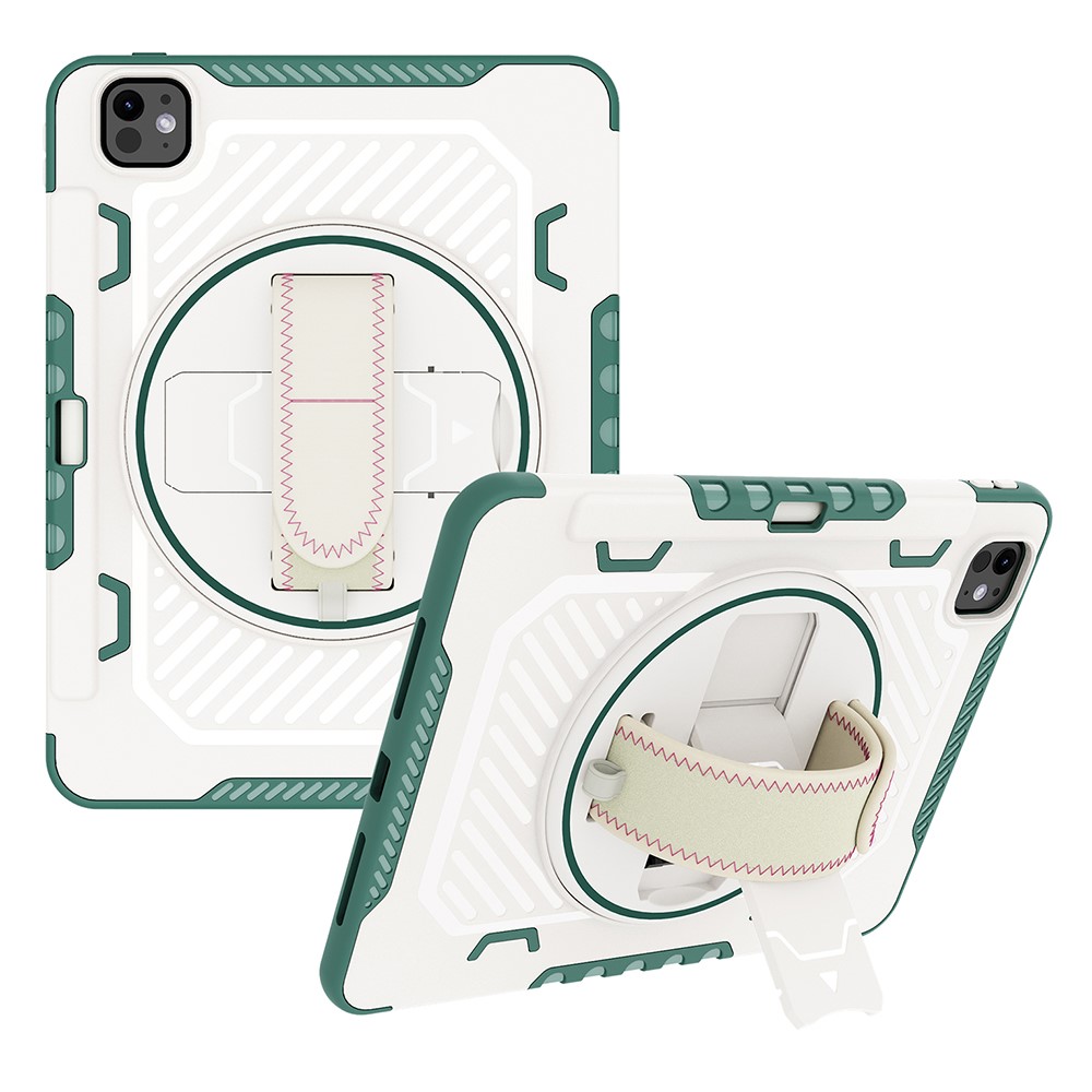 For iPad Pro 11 (2025) / 11 (2024) Case Kickstand PC + TPU Shockproof Tablet Cover with Hand Strap / Pen Slot - Green