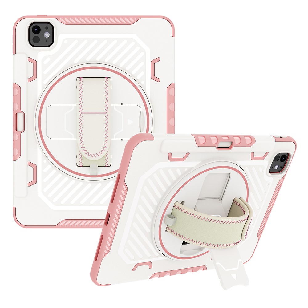 For iPad Pro 11 (2025) / 11 (2024) Case Kickstand PC + TPU Shockproof Tablet Cover with Hand Strap / Pen Slot - Pink