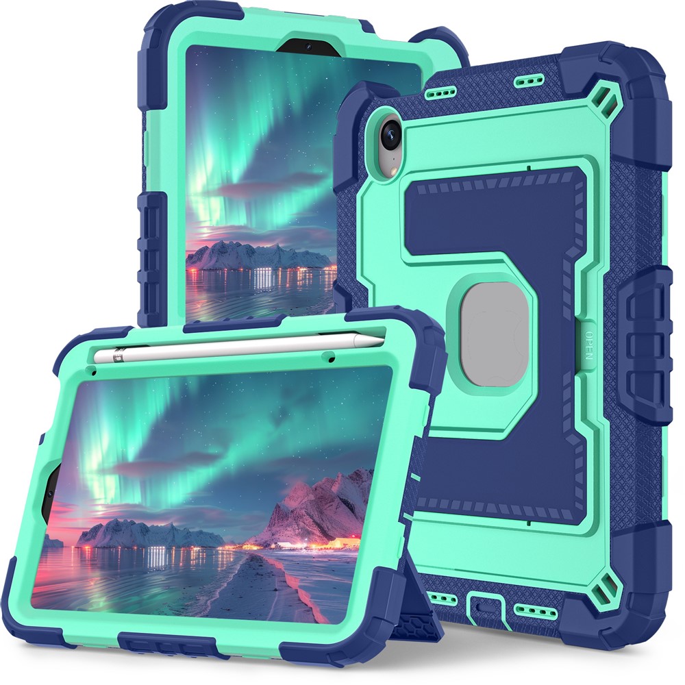 For iPad mini (2024) / (2021) Anti Drop PC + Silicone Tablet Cover with Kickstand and Pen Slot - Navy Blue+Mint Green