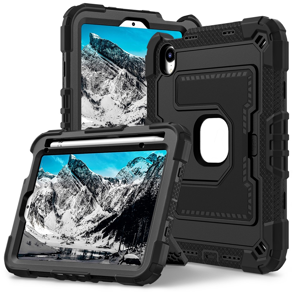 For iPad mini (2024) / (2021) Anti Drop PC + Silicone Tablet Cover with Kickstand and Pen Slot - Black+Black