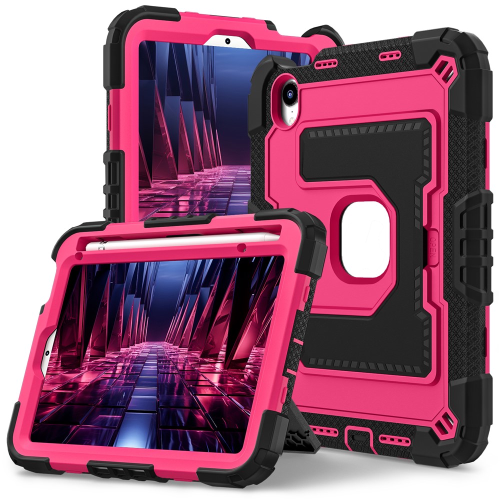 For iPad mini (2024) / (2021) Anti Drop PC + Silicone Tablet Cover with Kickstand and Pen Slot - Black+Rose