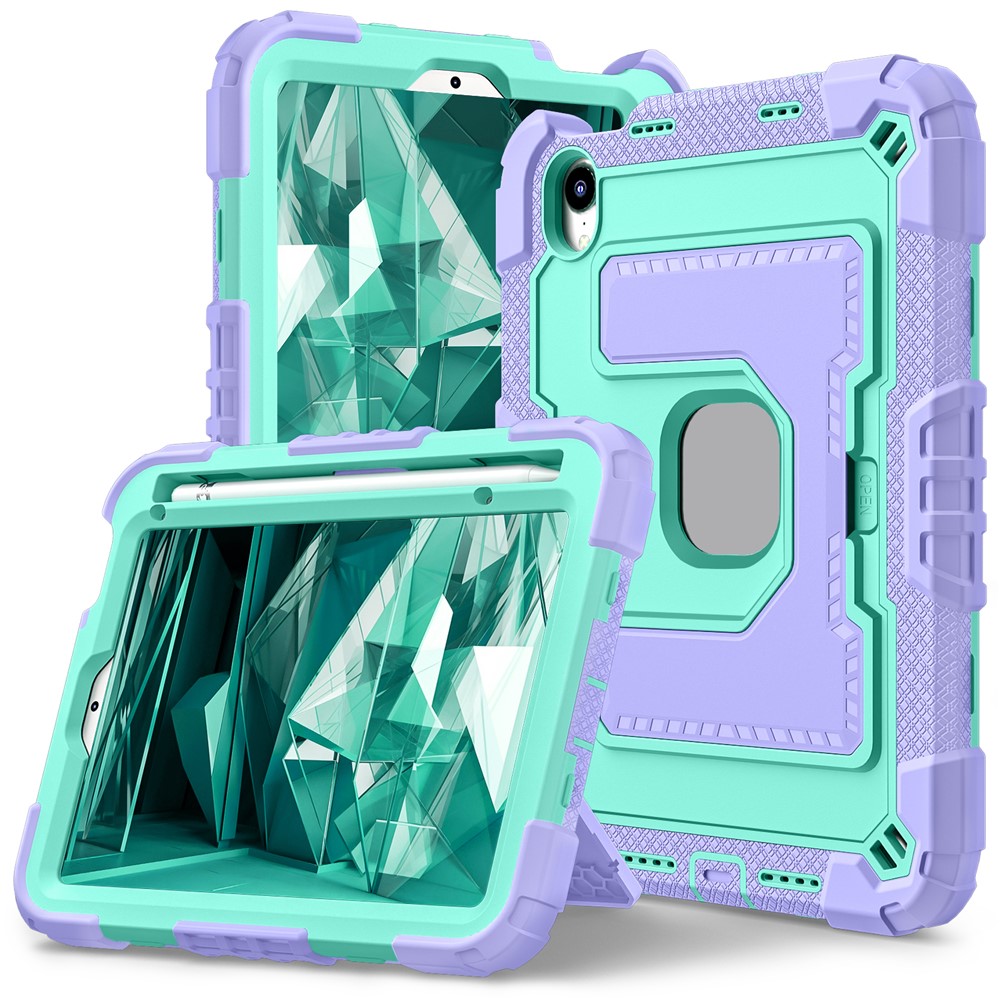 For iPad mini (2024) / (2021) Anti Drop PC + Silicone Tablet Cover with Kickstand and Pen Slot - Purple+Mint Green