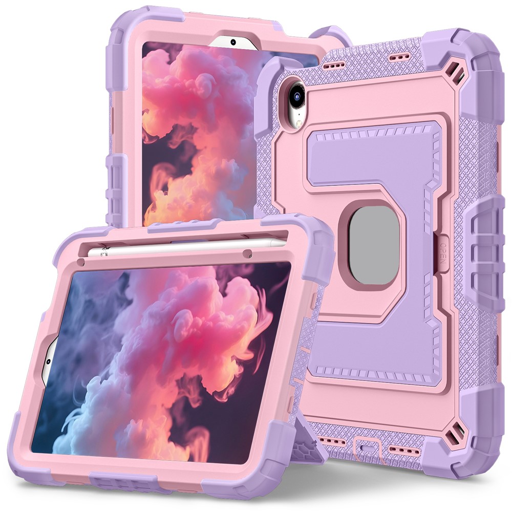 For iPad mini (2024) / (2021) Anti Drop PC + Silicone Tablet Cover with Kickstand and Pen Slot - Purple+Rose Gold