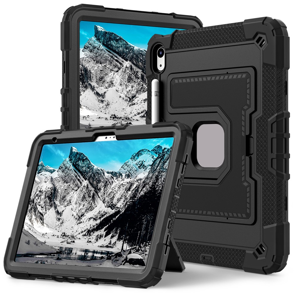 For iPad (2025) / iPad 10.9 (2022) Tablet Case with Kickstand Anti Drop PC + Silicone Cover - Black+Black