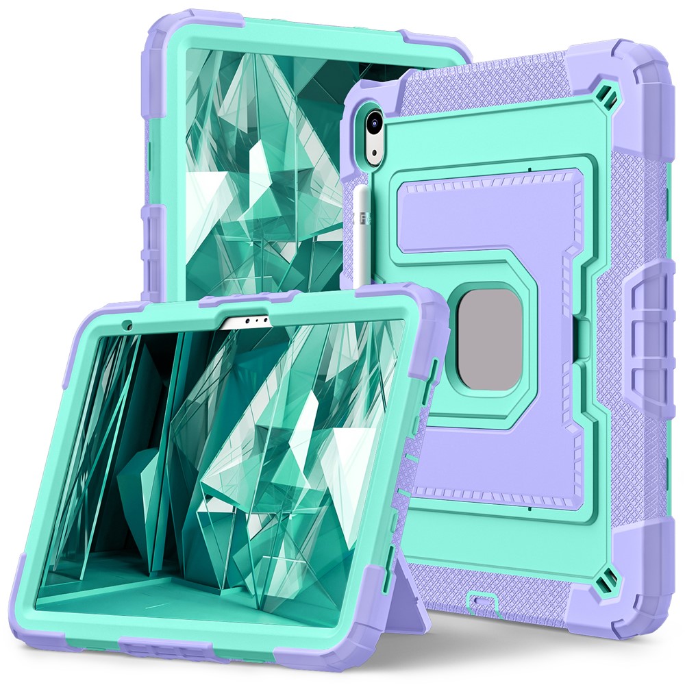 For iPad (2025) / iPad 10.9 (2022) Tablet Case with Kickstand Anti Drop PC + Silicone Cover - Purple+Mint Green