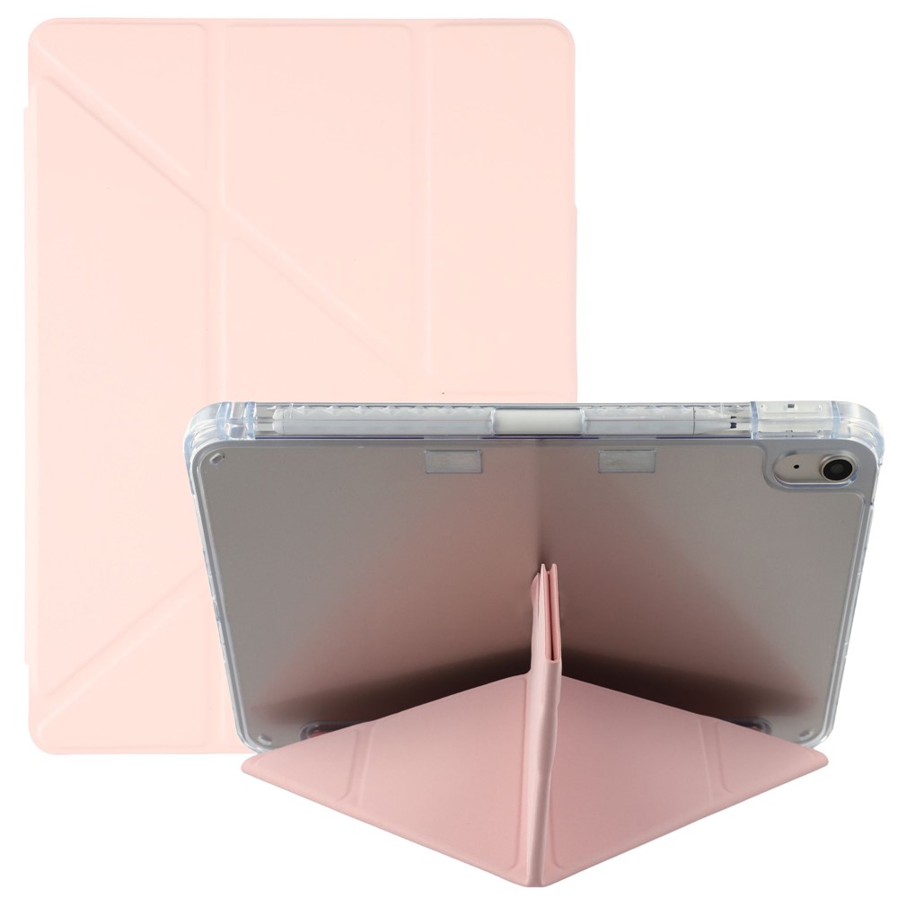 For iPad (2025) / iPad 10.9 (2022) Case Y-Fold Stand PU Leather Clear Acrylic Tablet Cover - Pink