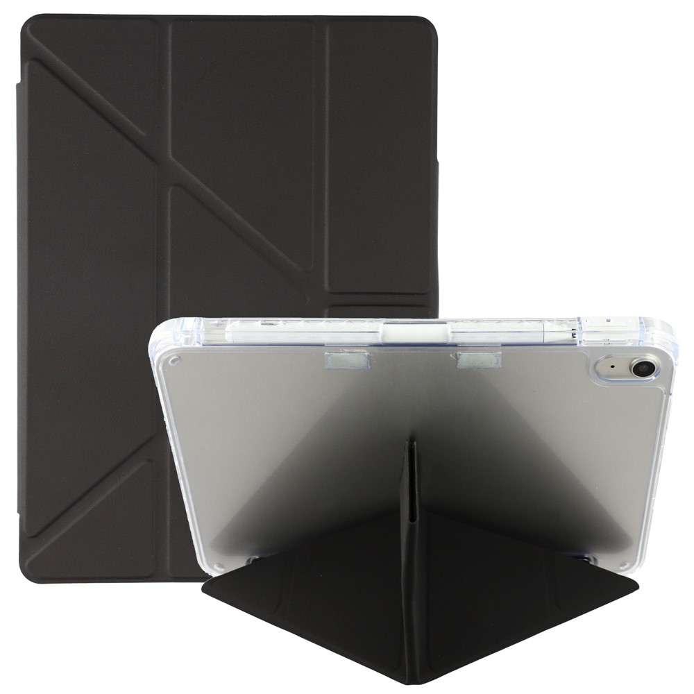 For iPad (2025) / iPad 10.9 (2022) Case Y-Fold Stand PU Leather Clear Acrylic Tablet Cover - Black