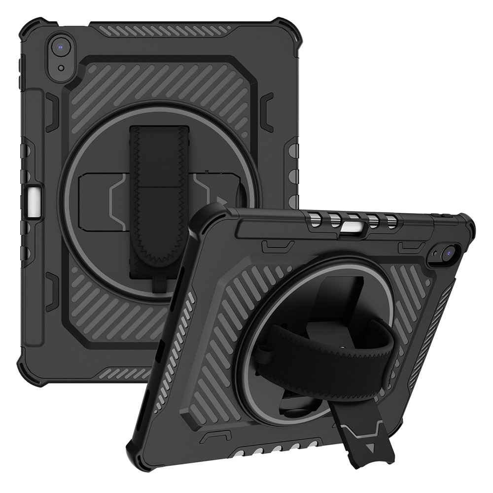 For iPad (2025)  /  10.9 (2022) Case Kickstand PC + TPU Shockproof Tablet Cover with Hand Strap  /  Pen Slot - Black