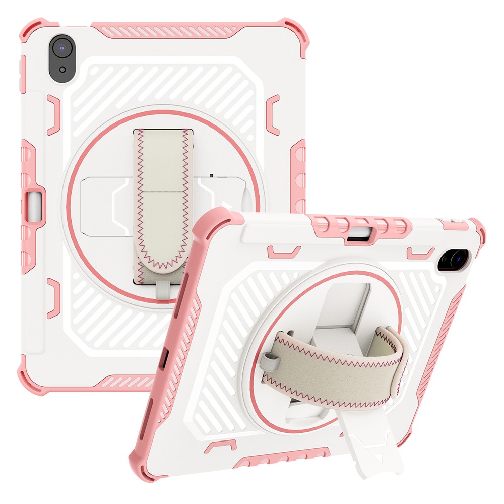 For iPad (2025) / 10.9 (2022) Case Kickstand PC + TPU Shockproof Tablet Cover with Hand Strap / Pen Slot - Pink