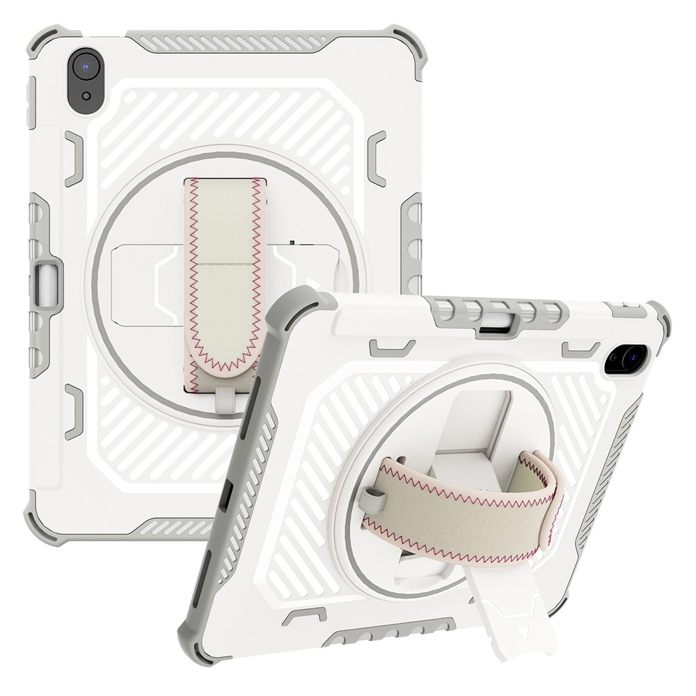 For iPad (2025) / 10.9 (2022) Case Kickstand PC + TPU Shockproof Tablet Cover with Hand Strap / Pen Slot - Grey