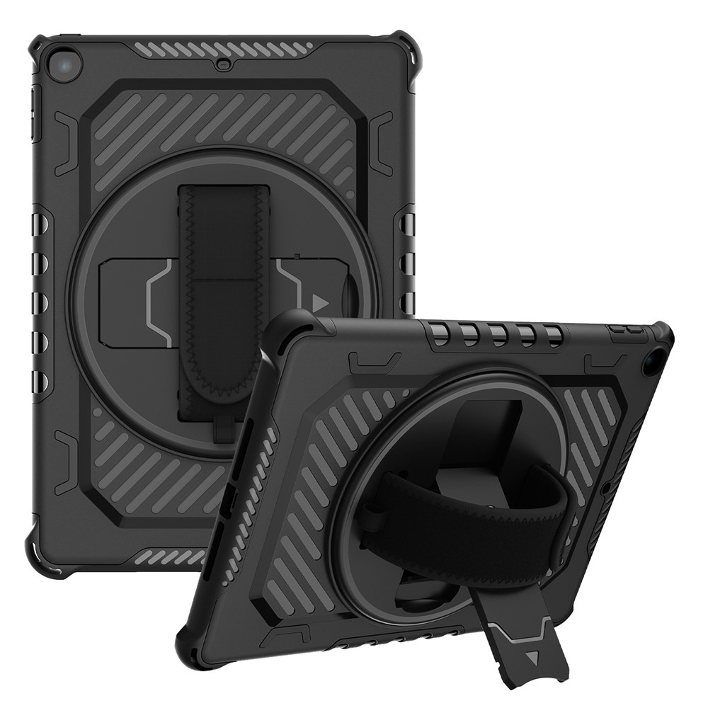 For iPad 9.7-inch (2018)  /  (2017) Case Kickstand PC + TPU Shockproof Tablet Cover with Hand Strap - Black