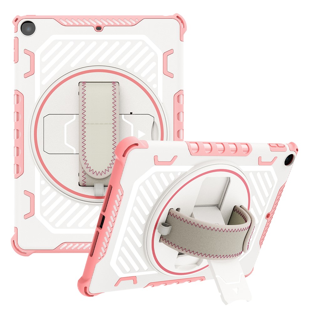 For iPad 9.7-inch (2018) / (2017) Case Kickstand PC + TPU Shockproof Tablet Cover with Hand Strap - Pink