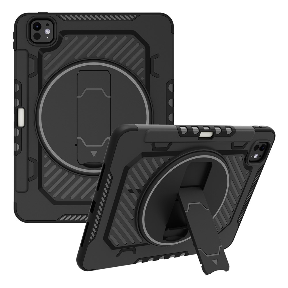 For iPad Pro 11 (2025) / 11 (2024) Case Kickstand PC + TPU Shockproof Tablet Cover with Pen Slot - Black