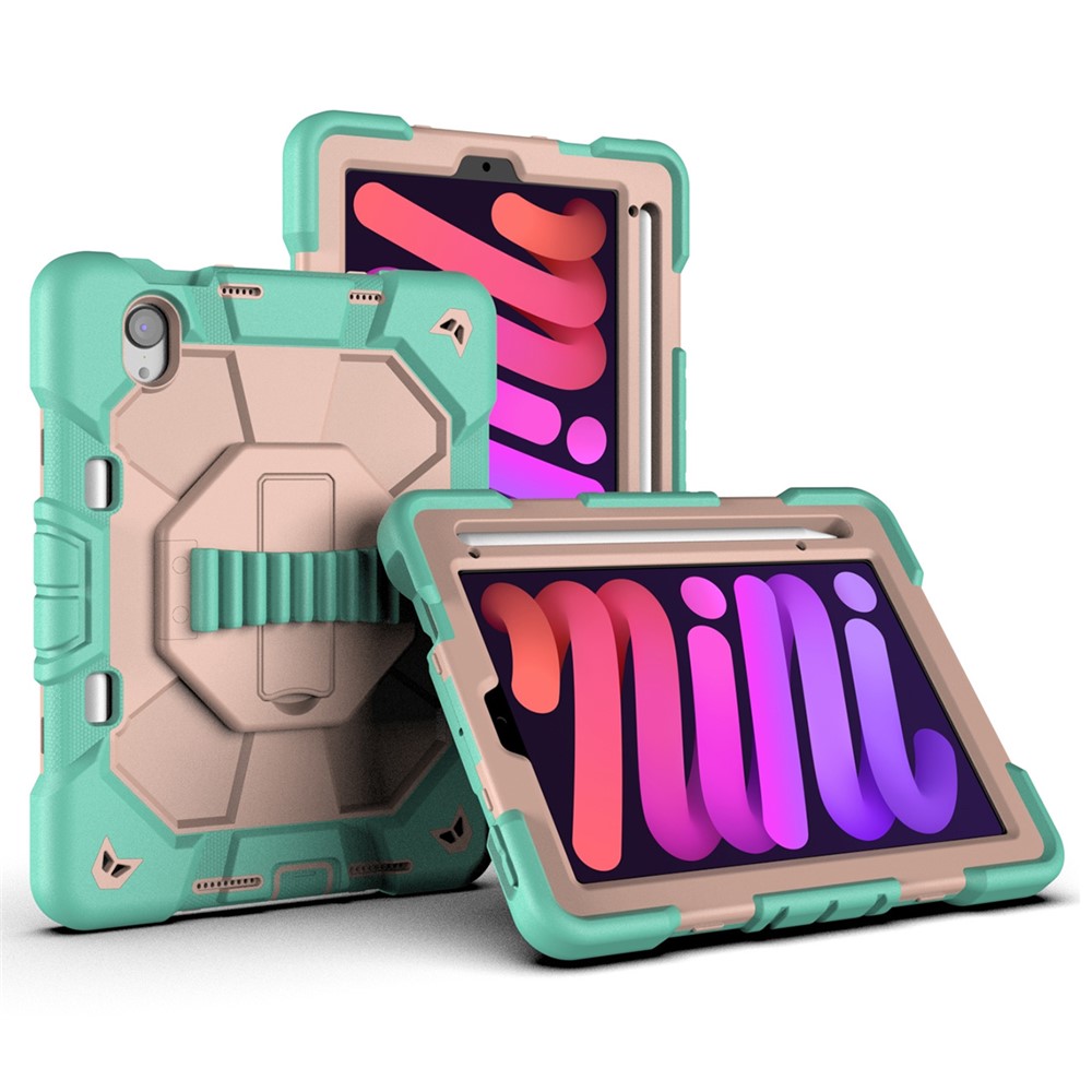 For iPad mini (2024) / (2021) Case with Kickstand Wrist Strap PC + Silicone Tablet Cover - Green + Pink
