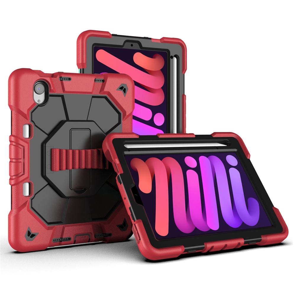 For iPad mini (2024) / (2021) Case with Kickstand Wrist Strap PC + Silicone Tablet Cover - Red + Black