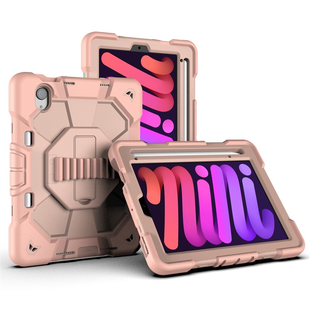 For iPad mini (2024) / (2021) Case with Kickstand Wrist Strap PC + Silicone Tablet Cover - Pink