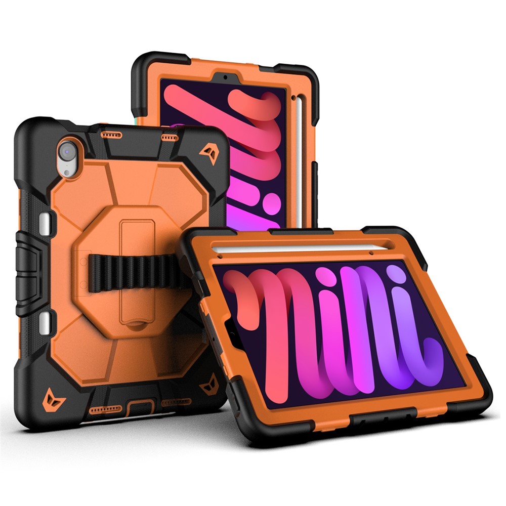 For iPad mini (2024) / (2021) Case with Kickstand Wrist Strap PC + Silicone Tablet Cover - Black + Orange