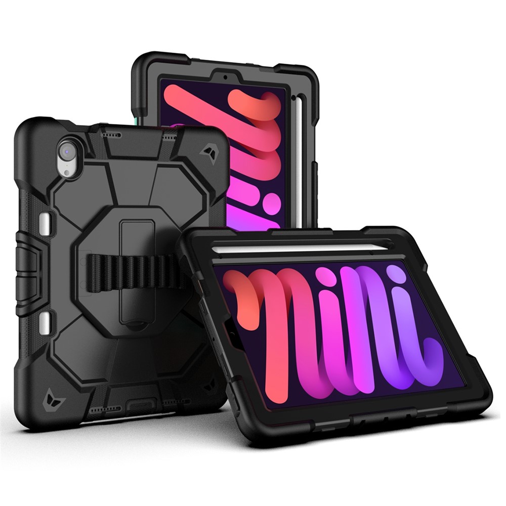 For iPad mini (2024) / (2021) Case with Kickstand Wrist Strap PC + Silicone Tablet Cover - Black