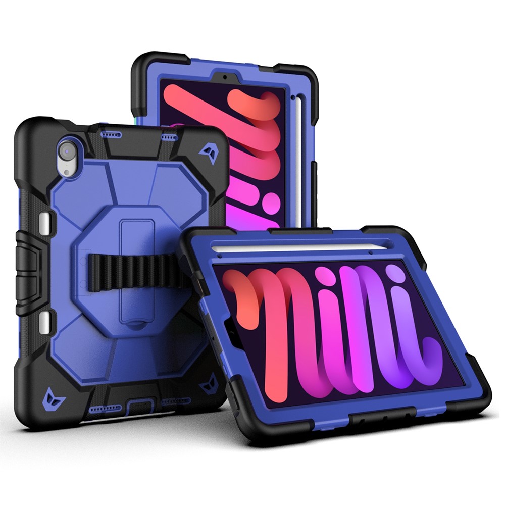 For iPad mini (2024) / (2021) Case with Kickstand Wrist Strap PC + Silicone Tablet Cover - Black + Blue