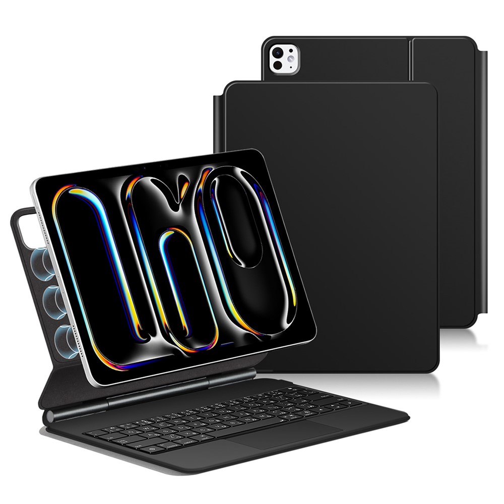For iPad Pro 13 (2025) / 13 (2024) Smart Pogo Pin Direct Connection Keyboard (Japanese Layout) + Leather Tablet Case - Black