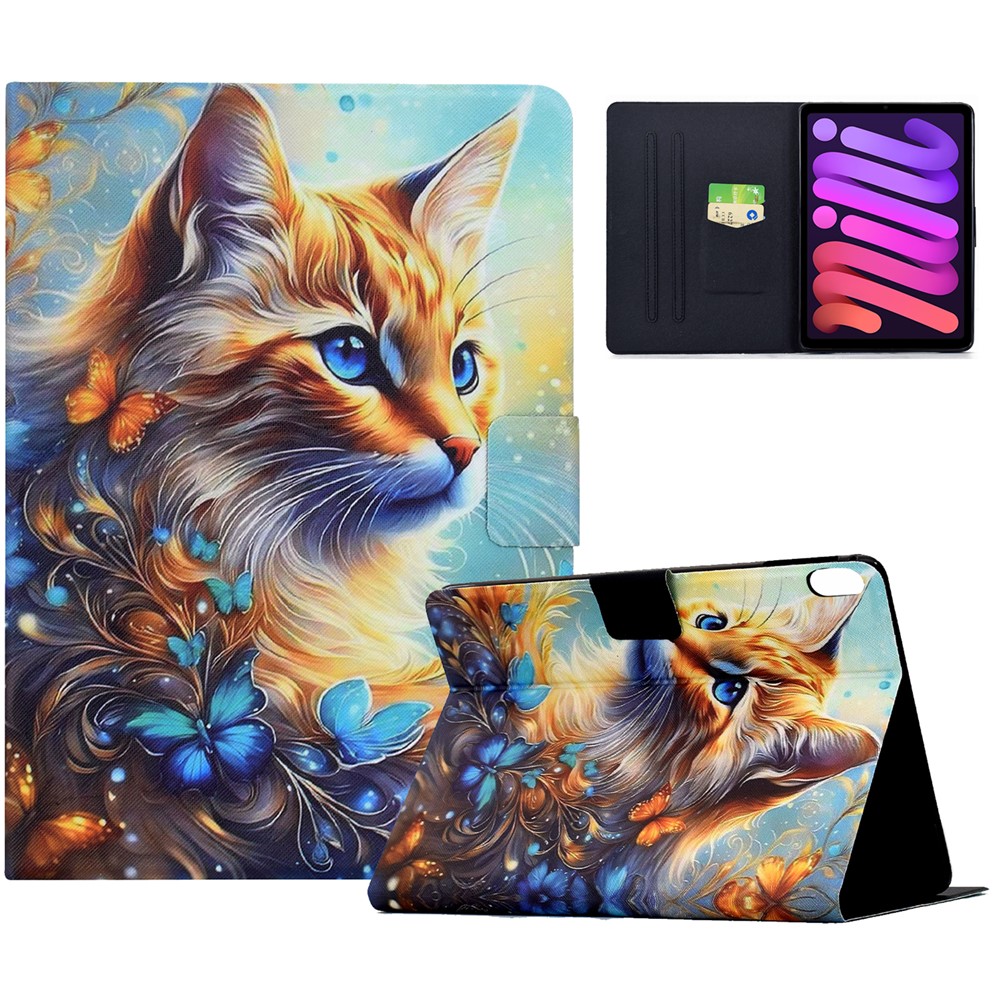 For iPad Mini (2024) / (2021) Case Colorful Pattern Painting Card Slots Stand Leather Tablet Cover with Auto Sleep / Wake - Butterfly and Cat