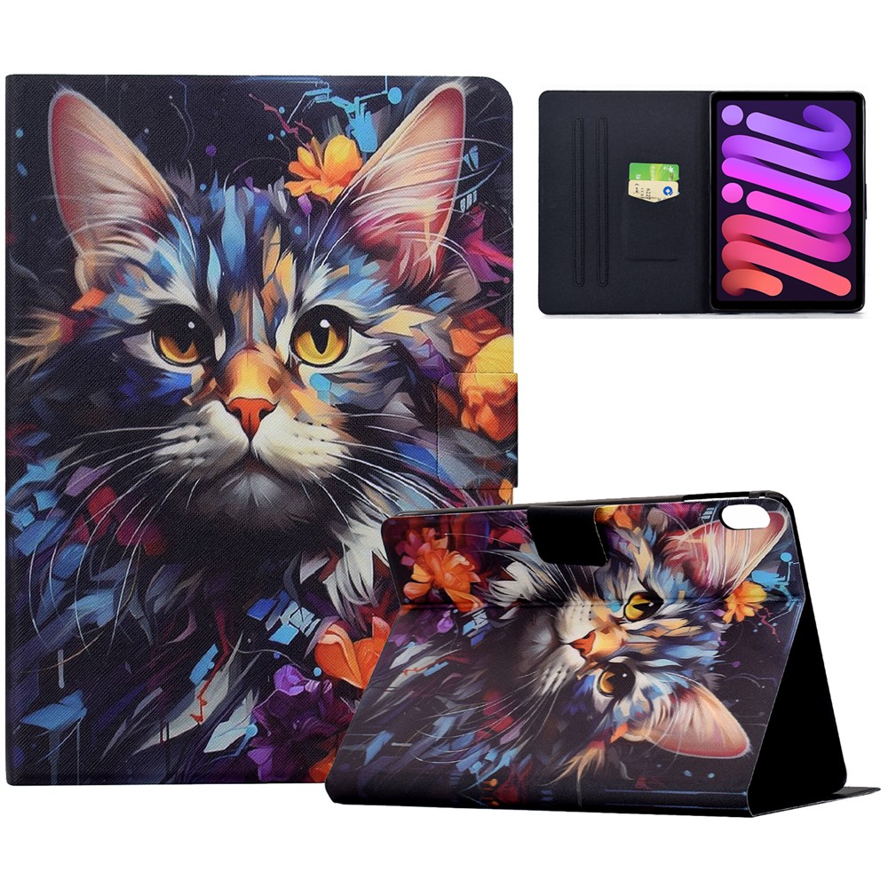 For iPad Mini (2024) / (2021) Case Colorful Pattern Painting Card Slots Stand Leather Tablet Cover with Auto Sleep / Wake - Floral Cat