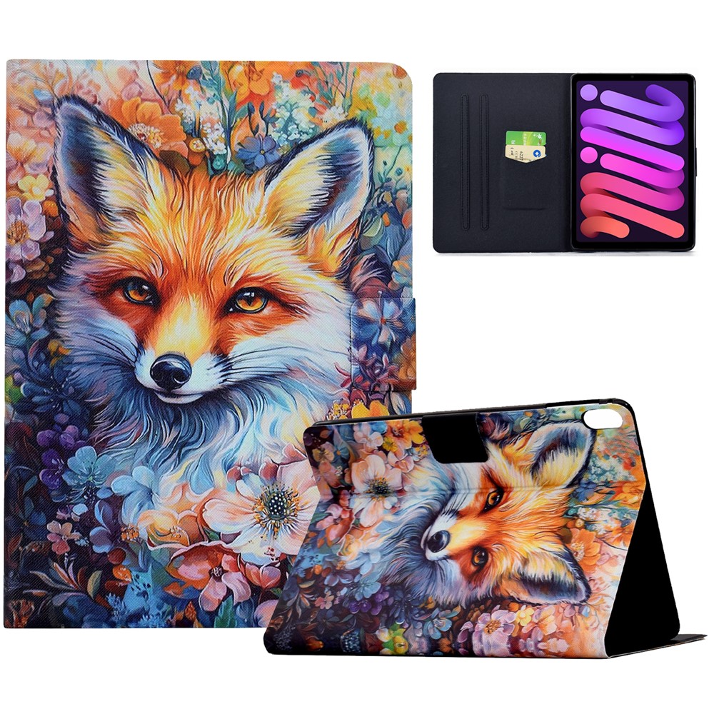 For iPad Mini (2024) / (2021) Case Colorful Pattern Painting Card Slots Stand Leather Tablet Cover with Auto Sleep / Wake - Fox in Flowers