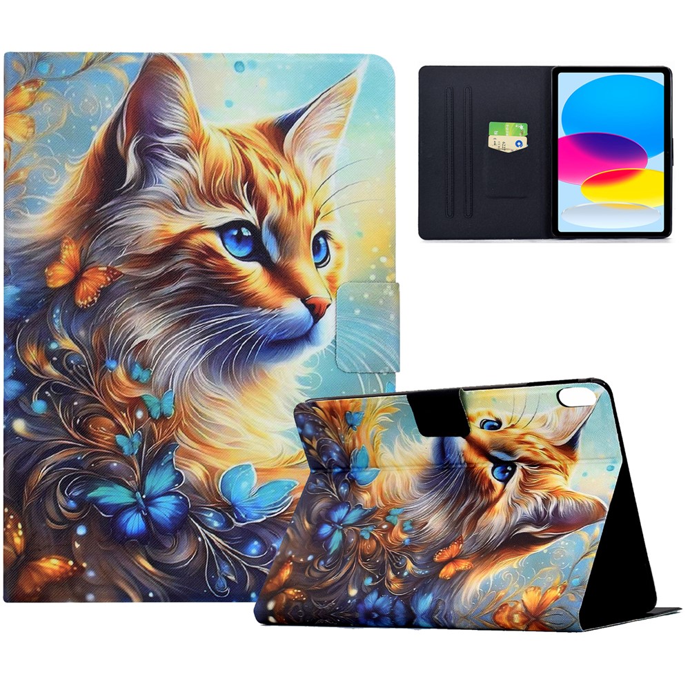 For iPad (2025)  /  10.9 (2022) Case Colorful Pattern Painting Card Slots Stand Leather Tablet Cover with Auto Sleep  /  Wake - Butterfly and Cat