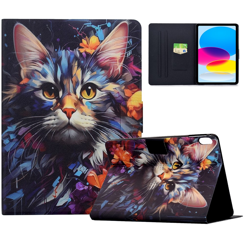 For iPad (2025)  /  10.9 (2022) Case Colorful Pattern Painting Card Slots Stand Leather Tablet Cover with Auto Sleep  /  Wake - Floral Cat