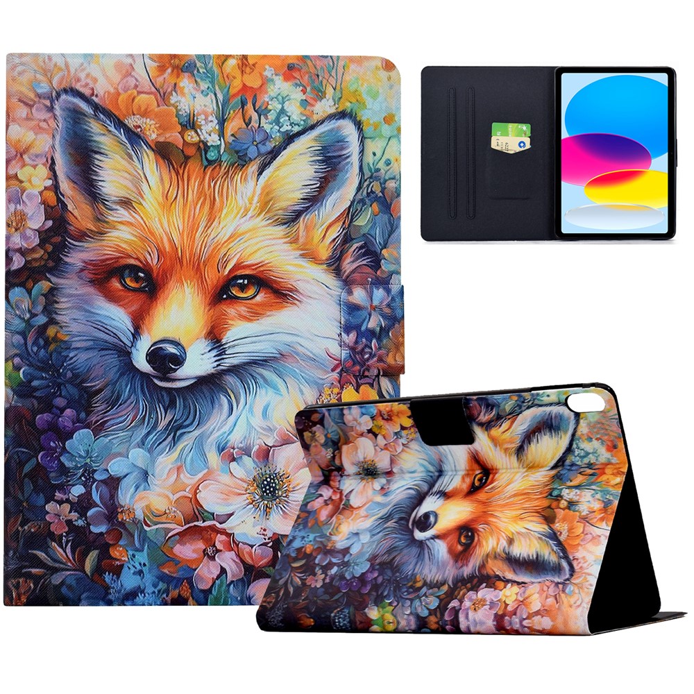 For iPad (2025)  /  10.9 (2022) Case Colorful Pattern Painting Card Slots Stand Leather Tablet Cover with Auto Sleep  /  Wake - Fox in Flowers